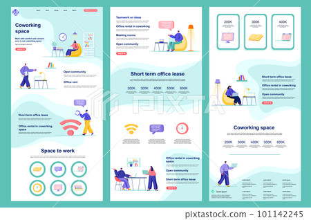Coworking space flat landing page. Freelancers workspace, creative collaboration space corporate website. Web banner with header, middle content, footer. Vector illustration with people characters. Coworking space flat landing page. Freelancers workspace, creative collaboration space corporate website. Web banner with header, middle content, footer. Vector illustration with people characters. 101142245