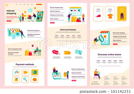 Internet shopping flat landing page. Online marketplace, e-commerce corporate website design. Web banner template with header, middle content and footer. Vector illustration with people characters. Internet shopping flat landing page. Online marketplace, e-commerce corporate website design. Web banner template with header, middle content and footer. Vector illustration with people characters. 101142251