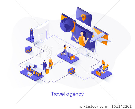 Travel agency isometric web banner. Tour operator isometry concept. Online booking service, comfortable air transportation 3d scene, airport boarding design. Vector illustration with people characters Travel agency isometric web banner. Tour operator isometry concept. Online booking service, comfortable air transportation 3d scene, airport boarding design. Vector illustration with people characters 101142261