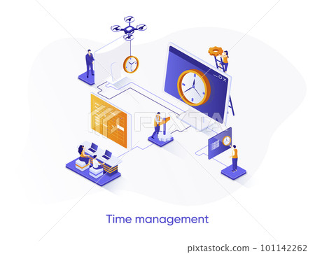 Time management isometric web banner. Effective planning workflow, performing tasks isometry concept. Adherence to deadlines, high work productivity 3d scene. Vector illustration with people character Time management isometric web banner. Effective planning workflow, performing tasks isometry concept. Adherence to deadlines, high work productivity 3d scene. Vector illustration with people character 101142262
