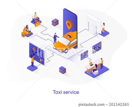 Taxi service isometric web banner. Web application for online taxi order isometry concept. Booking service 3d scene, passenger transportation flat design. Vector illustration with people characters. 101142263
