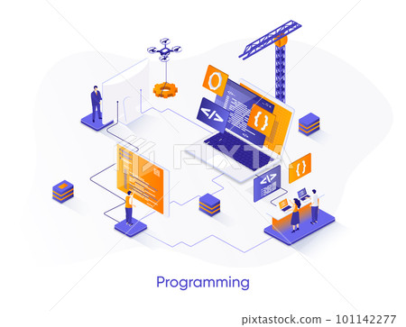 Programming isometric web banner. Full stack software development isometry concept. Engineering and programming 3d scene, outsourcing company service design. Vector illustration with people characters Programming isometric web banner. Full stack software development isometry concept. Engineering and programming 3d scene, outsourcing company service design. Vector illustration with people characters 101142277