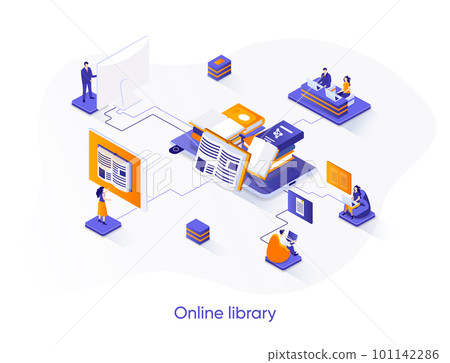 Online library isometric web banner. E-library application isometry concept. Electronic books service 3d scene, distance education and knowledge flat design. Vector illustration with people characters Online library isometric web banner. E-library application isometry concept. Electronic books service 3d scene, distance education and knowledge flat design. Vector illustration with people characters 101142286