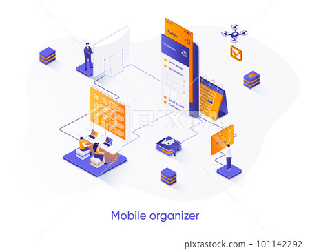 Mobile organizer isometric web banner. Mobile application for business planning isometry concept. Organizing work activities and tasks 3d scene design. Vector illustration with people characters. Mobile organizer isometric web banner. Mobile application for business planning isometry concept. Organizing work activities and tasks 3d scene design. Vector illustration with people characters. 101142292