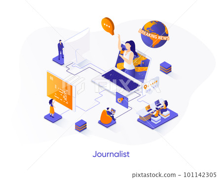 Journalist isometric web banner. Breaking news reportage with correspondent isometry concept. TV broadcasting 3d scene, news live streaming flat design. Vector illustration with people characters. Journalist isometric web banner. Breaking news reportage with correspondent isometry concept. TV broadcasting 3d scene, news live streaming flat design. Vector illustration with people characters. 101142305