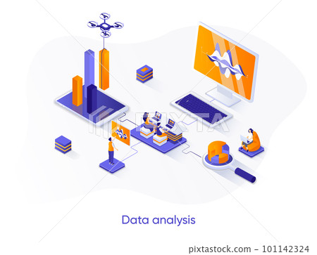 Data analysis isometric web banner. Financial data analysis isometry concept. Information collect and research 3d scene, data engineering flat design. Vector illustration with people characters. 101142324