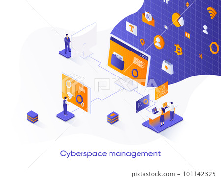 Cyberspace management isometric web banner. Network management software solution isometry concept. Operate and control cyber system 3d scene, flat design. Vector illustration with people characters. 101142325