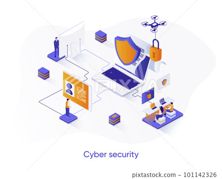 Cyber security isometric web banner. Network and data protection isometry concept. Firewall software 3d scene, Internet privacy and identification design. Vector illustration with people characters. 101142326