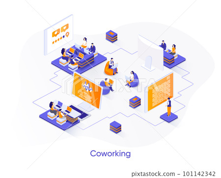 Coworking isometric web banner. Freelancers workspace isometry concept. Open space area for business communication and collaboration 3d scene design. Vector illustration with people characters. 101142342