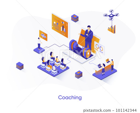 Coaching isometric web banner. Business motivation and mentoring isometry concept. Online coaching conference 3d scene, professional training flat design. Vector illustration with people characters. Coaching isometric web banner. Business motivation and mentoring isometry concept. Online coaching conference 3d scene, professional training flat design. Vector illustration with people characters. 101142344