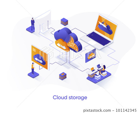 Cloud storage isometric web banner. Secure cloud storage, database system isometry concept. Internet hosting provider 3d scene, data center flat design. Vector illustration with people characters. 101142345