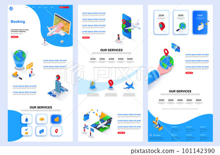 Booking service isometric landing page. Online tickets booking, tour agency corporate website design template. Web banner template with header, middle content, footer. Isometry vector illustration. Booking service isometric landing page. Online tickets booking, tour agency corporate website design template. Web banner template with header, middle content, footer. Isometry vector illustration. 101142390