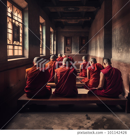 Buddhist monks in red robes pray in the temple 101142426