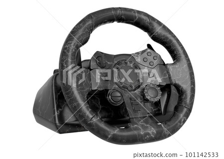 Realistic leather steering wheel with black marble texture on white background Realistic leather steering wheel with black marble texture on white background 101142533