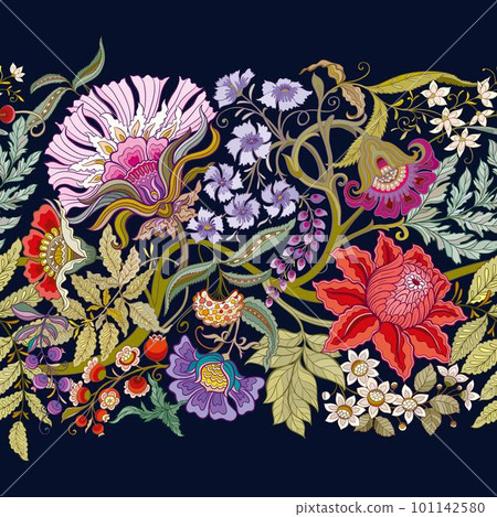 Fantasy flowers in retro, vintage, jacobean embroidery style. Fantasy flowers in retro, vintage, jacobean embroidery style. 101142580