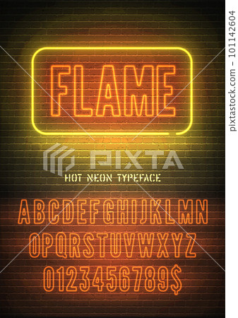 Hot sign with orange neon alphabet on brick wall background. Vector illustration 101142604