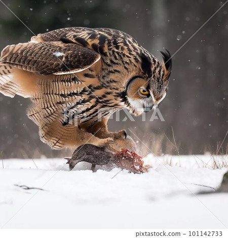 Eagle owl hunts, eagle owl caught prey in the snow, bird of prey close-up Eagle owl hunts, eagle owl caught prey in the snow, bird of prey close-up 101142733