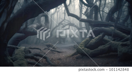 Dark fantasy forest with creepy trees. Generative AI illustration Dark fantasy forest with creepy trees. Generative AI illustration 101142848