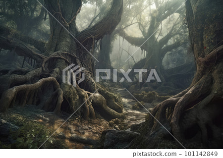Trees with twisted roots in fantasy forest. Generative AI illustration 101142849