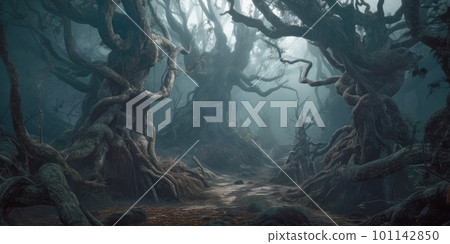 Spooky trees in dark fantasy forest. Generative AI illustration Spooky trees in dark fantasy forest. Generative AI illustration 101142850
