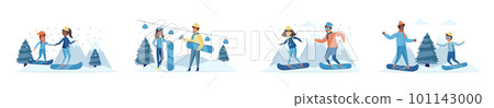 Winter sports activities bundle of scenes with people characters. 101143000