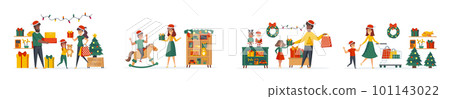 Toys store at Christmas time bundle of scenes with flat people characters. 101143022