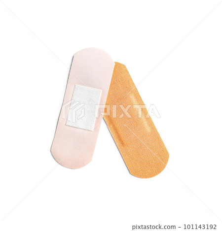 Medical sticking plasters isolated on white. First aid item Medical sticking plasters isolated on white. First aid item 101143192