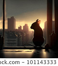 little mouse silhouette looking at city view with morning light standing on high building city skyline. Sunset scene. generative AI 101143333