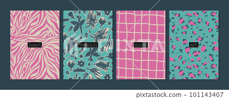 Set of abstract backgrounds in pink, blue and turquoise colors. Floral, animalistic patterns, various abstract forms. Vector illustration for design, covers, packaging, posters. Set of abstract backgrounds in pink, blue and turquoise colors. Floral, animalistic patterns, various abstract forms. Vector illustration for design, covers, packaging, posters. 101143407