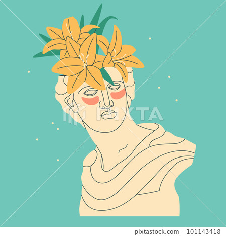 Decorative ancient Greek sculpture of Apollo. Antique sculpture with a bouquet of lilies on the head and patches under the eyes. Vector isolated trend illustration. 101143418
