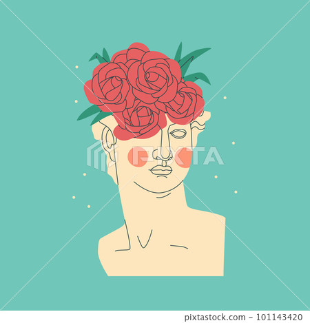 Decorative ancient Greek sculpture of David. Antique sculpture with a bouquet of roses on its head. Vector isolated trend illustration. Decorative ancient Greek sculpture of David. Antique sculpture with a bouquet of roses on its head. Vector isolated trend illustration. 101143420