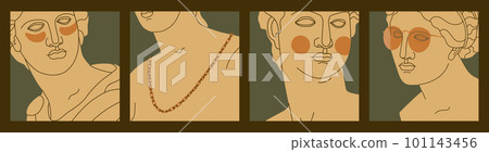 Ancient Greek sculptures of the goddess, heroes, men and women. Antique sculpture with modern elements - glasses, patches, gold chain. Set of vector trend illustrations. Ancient Greek sculptures of the goddess, heroes, men and women. Antique sculpture with modern elements - glasses, patches, gold chain. Set of vector trend illustrations. 101143456