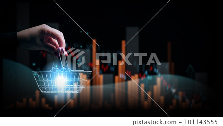 A female hand holding a miniature shopping basket and a chart with growing indicators, analysis of the market, high business profitability. 101143555