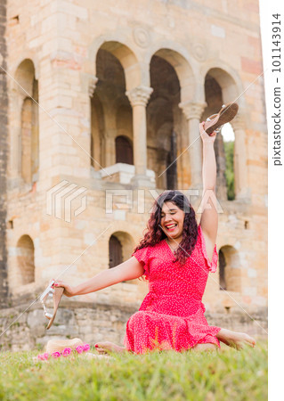 Latin young woman travel holiday, happy wellbeing in spain. Asturias, Oviedo Santa Maria del Naranco Latin young woman travel holiday, happy wellbeing in spain. Asturias, Oviedo Santa Maria del Naranco 101143914
