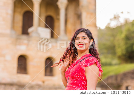 Latin young woman travel holiday, happy wellbeing in spain. Asturias, Oviedo Santa Maria del Naranco Latin young woman travel holiday, happy wellbeing in spain. Asturias, Oviedo Santa Maria del Naranco 101143915