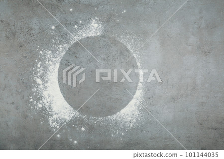 Frame made with flour on light grey table, top view. Space for text 101144035