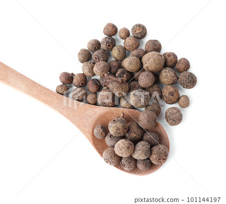 Spicy black pepper grains isolated on white, top view Spicy black pepper grains isolated on white, top view 101144197