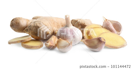 Fresh garlic and other natural cold remedies isolated on white 101144472