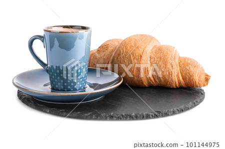 Tasty fresh croissant and coffee on white background Tasty fresh croissant and coffee on white background 101144975
