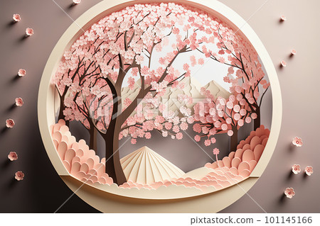 Paper cut spring floral background with blooming cherry blossom tree in circle on pink pastel background. Creative spring design for cards. Generative AI Paper cut spring floral background with blooming cherry blossom tree in circle on pink pastel background. Creative spring design for cards. Generative AI 101145166
