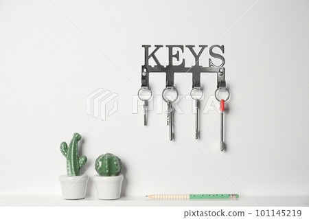 Metal key holder on light wall indoors 101145219
