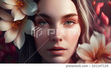 Beautiful Caucasian woman and white flowers with skin care and beauty image (Generative AI) 101147129