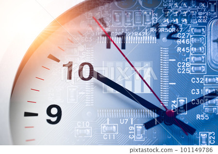 Computer digital chips overlay time clock. Digital circuit board upgrade times by Moore's law concept. Computer digital chips overlay time clock. Digital circuit board upgrade times by Moore's law concept. 101149786