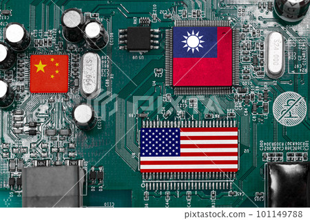 Taiwan US and China flag on digital electronics chips for chip war global world leading chip factory competition concept. Taiwan US and China flag on digital electronics chips for chip war global world leading chip factory competition concept. 101149788