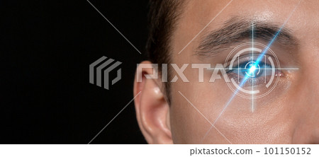 Laser scanning of male eye on black background, identity authentication, close up. Laser scanning of male eye on black background, identity authentication, close up. 101150152