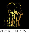 Golden border Elephant family Brushstroke art style over black background 101150220
