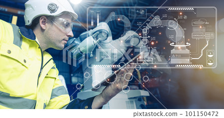 Smart Engineer advance industry robot arm in modern automation factory production technology Industry 4.0 manufacturing industrial revolution using robotic software control operation. Smart Engineer advance industry robot arm in modern automation factory production technology Industry 4.0 manufacturing industrial revolution using robotic software control operation. 101150472