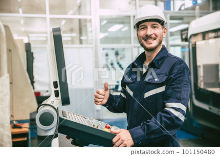 happy smile thumbs up engineer worker work with CNC Lathe Machine in modern metal factory 101150480
