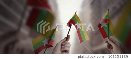 A group of people holding small flags of the Myanmar in their hands A group of people holding small flags of the Myanmar in their hands 101151189