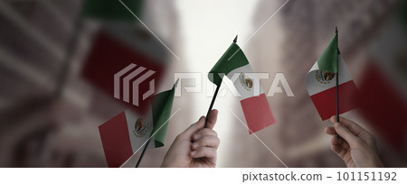 A group of people holding small flags of the Mexico in their hands A group of people holding small flags of the Mexico in their hands 101151192
